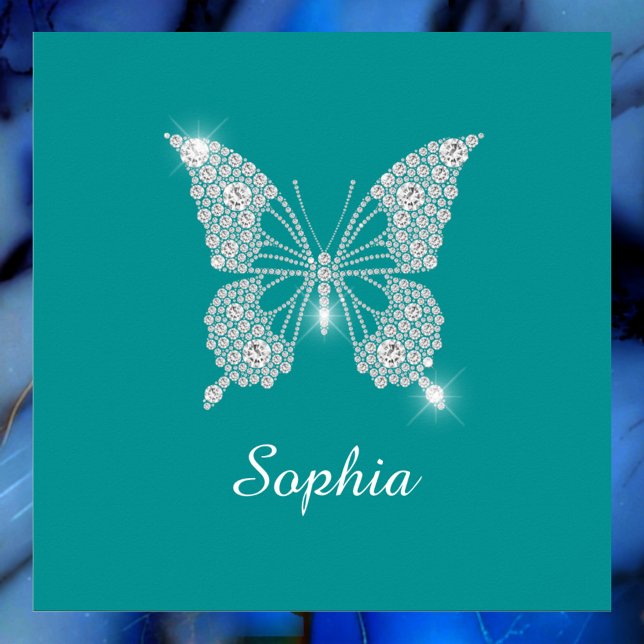 Poster Papillon Diamant Blanc, Nom du script, Turquoise p (Créateur téléchargé)