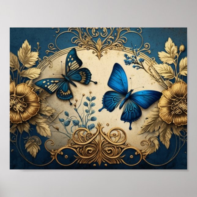 Poster Papillon doré or et bleu Decoupage (Devant)