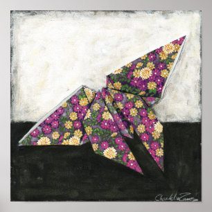 Poster Papillon d'origami sur le papier floral