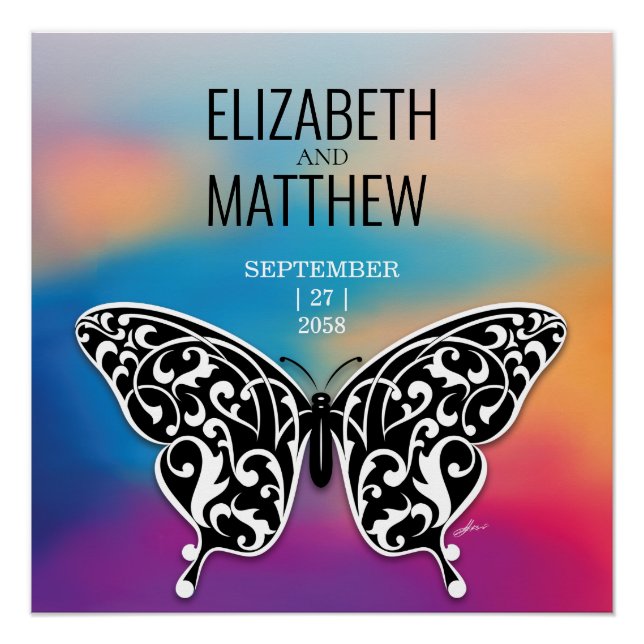 Poster Papillon élégant et design de coucher de soleil co (Devant)