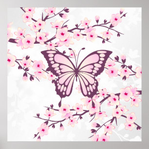 Poster Papillon Et Fleur De Cerise Rose Blanc