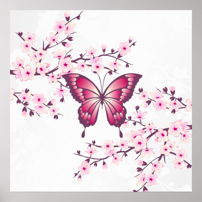 Poster Papillon Et Fleurs De Cerisier Rose Blanc (Devant)
