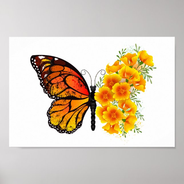 Poster Papillon fleur avec pavot de Californie jaune (Devant)