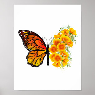 Poster Papillon Fleur avec Pavot de Californie Jaune