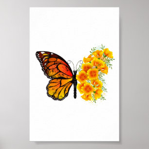 Poster Papillon Fleur avec Pavot de Californie Jaune