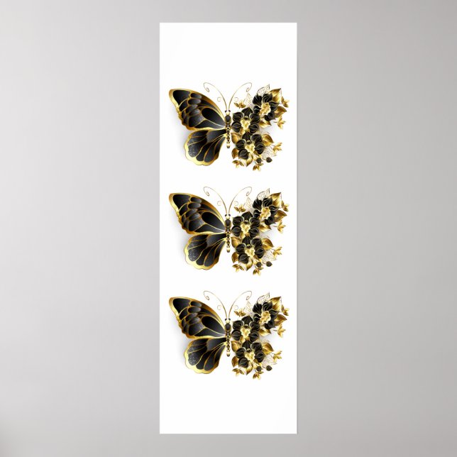 Poster Papillon fleur d'or avec orchidée noire (Devant)