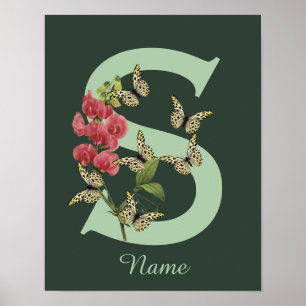 Poster Papillon Fleur Monogramme Initiale S Personnalisé