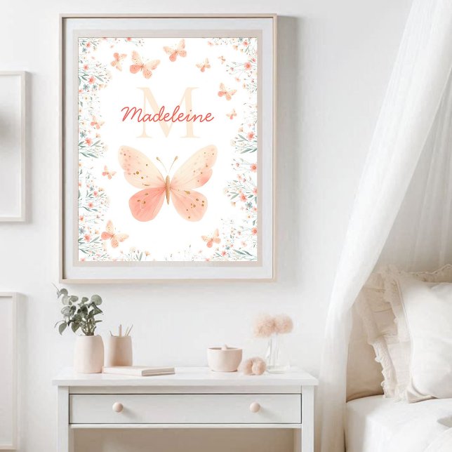 Poster Papillon Fleur sauvage Corail Turquoise Monogramme (butterfly wildflowers monogram name personalized nursery decor poster pink coral teal cute)