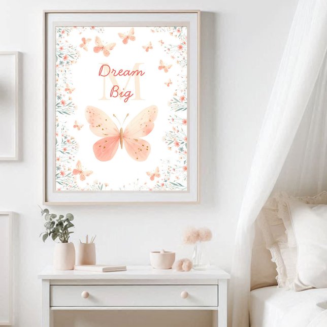 Poster Papillon Fleur sauvage Coral Monogramme Inspiratio (butterfly wildflowers monogram name personalized nursery decor poster pink coral teal inspirational)