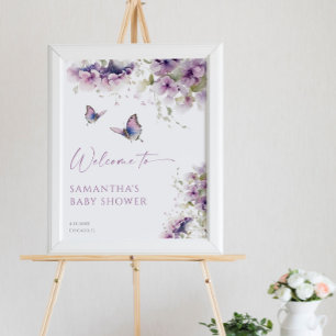 Poster Papillon fleuri violet baby shower signe d'accueil