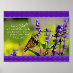 Poster Papillon, fleurs violettes