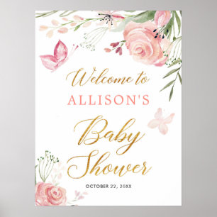 Poster Papillon floral fille baby shower signe de bienven
