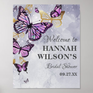 Poster Papillon gris-or violet Fête des mariées élégante