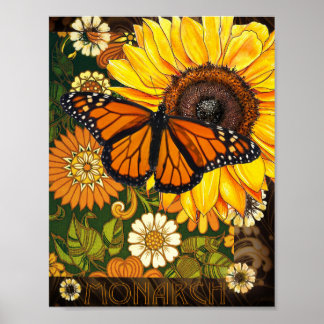 Poster Papillon Monarque et Tournesol Collage Vintage