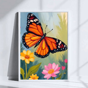 Poster Papillon Monarque Fleur Peinture Aquarelle