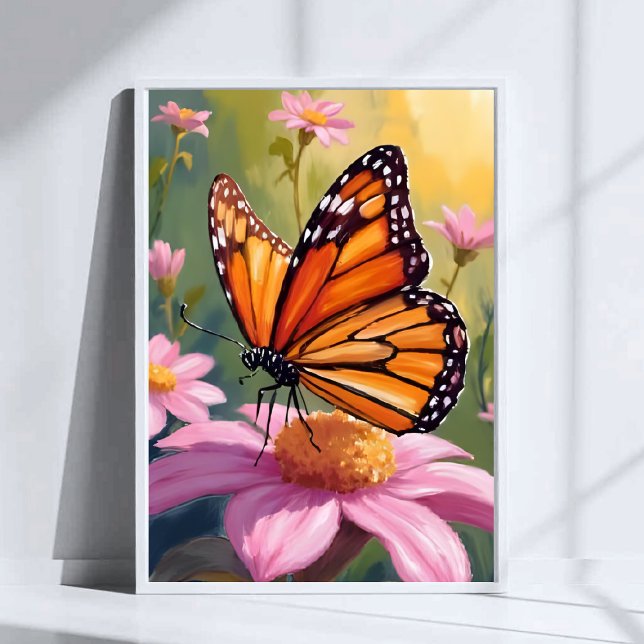 Poster Papillon monarque rose Fleur rose peinture florale (Créateur téléchargé)