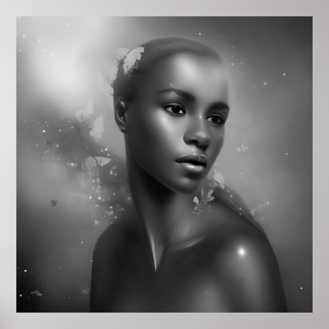 Poster Papillon noir blanc femme africaine monochrome 2 (Devant)