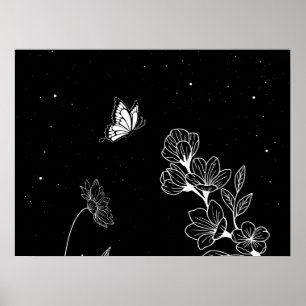 Poster Papillon noir et blanc et fleurs à l'art nocturne