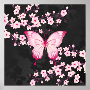 Poster Papillon Noir Rose Et Fleurs De Cerisiers