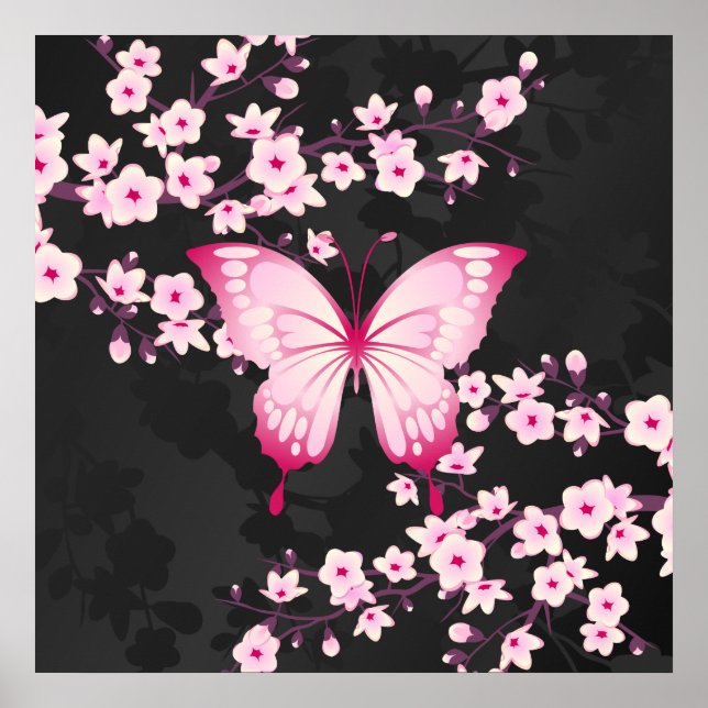 Poster Papillon Noir Rose Et Fleurs De Cerisiers (Devant)