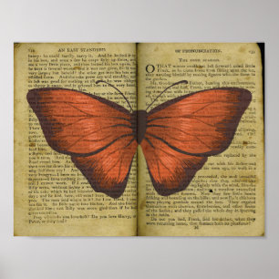 Poster Papillon orange dessin sur la page de livre ancien