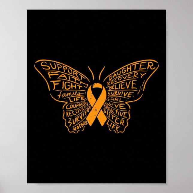 Poster Papillon Orange Ruban Cancer Leucémie Sensibilisat (Devant)