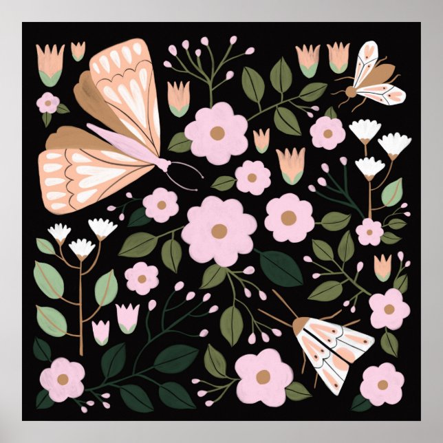 Poster Papillon papillon noir rose Boho (Devant)