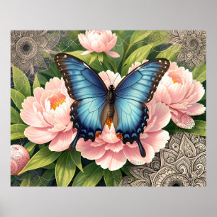Poster Papillon Queue Bleue Art Botanique Floral