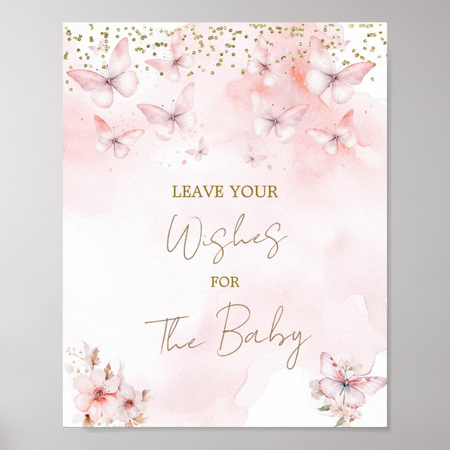 Poster Papillon rose Baby shower fille veut pour bébé (Devant)
