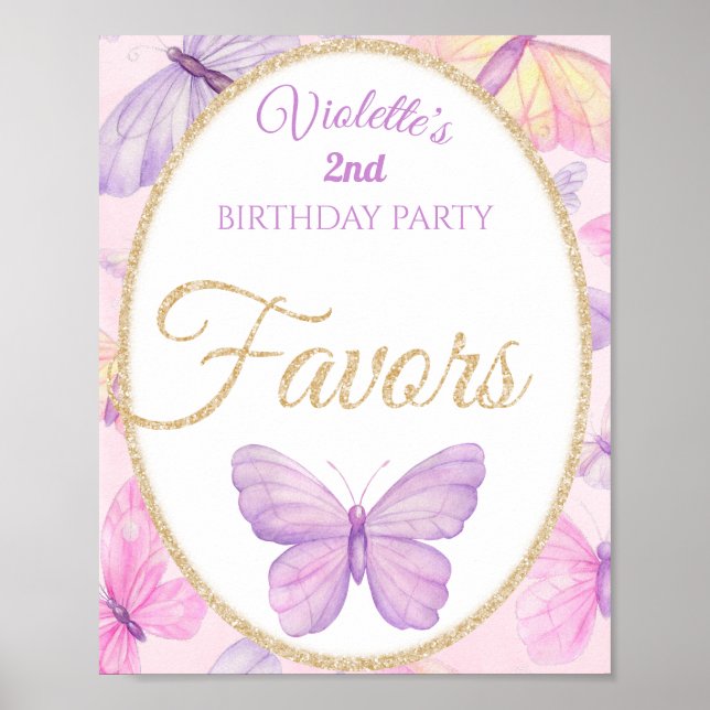 Poster Papillon rose et pourpre Fête d'anniversaire Faveu (Devant)