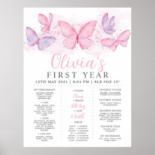 Poster Papillon rose pourpre Filles 1er anniversaire Jalo