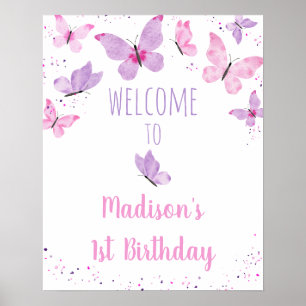 Poster Papillon rose violet Bienvenue à l'anniversaire