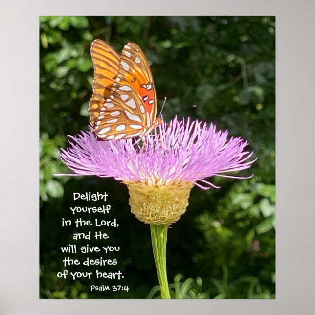 Poster Papillon sur Fleur avec vers de Psaume 37:4 (Devant)
