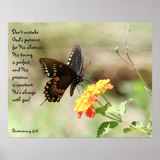 Poster Papillon sur Floral w Verse de Deutéronome 31:6 (Devant)