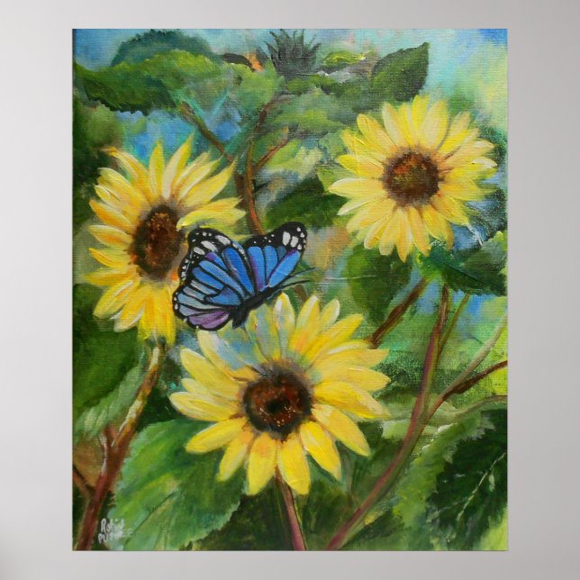 Poster Papillon sur les tournesols (Devant)