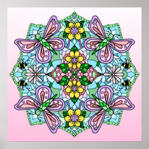 Poster Papillon Tiré À La Main Rose, Fleurs Mandala