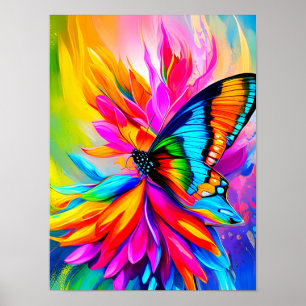 Poster Papillon tropical exotique et fleurs colorées