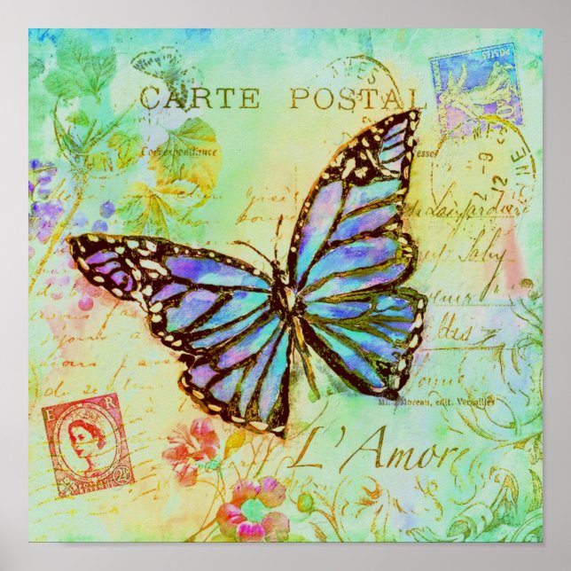 Poster papillon turquoise et violet (Devant)
