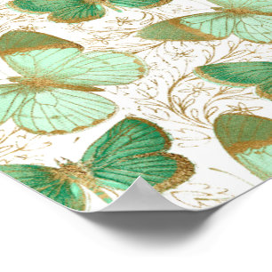 Poster Papillon vert Fleur florale blanche