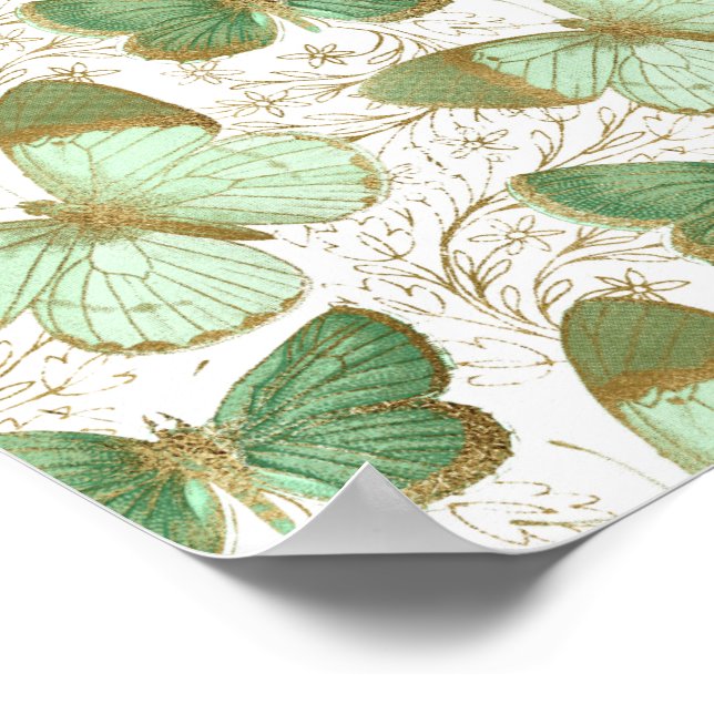 Poster Papillon vert Fleur florale blanche (Coin)