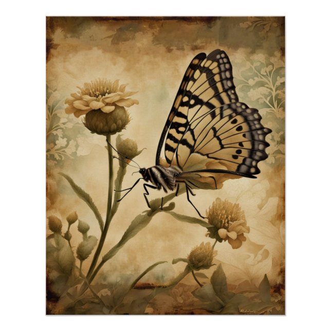 Poster Papillon vintage aux fleurs jaunes (Devant)