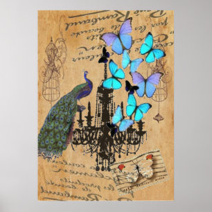 Poster papillon vintage moderne de bleu de paon de lustre