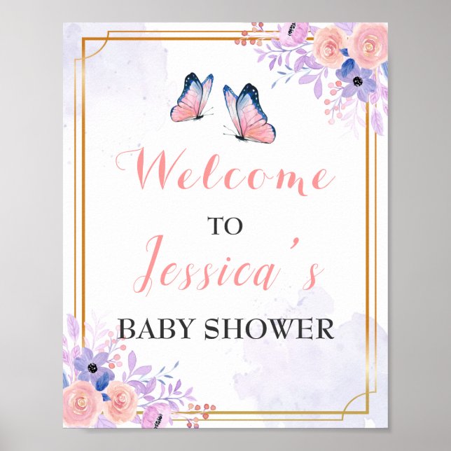 Poster Papillon violet rose Baby shower fille Bienvenue (Devant)
