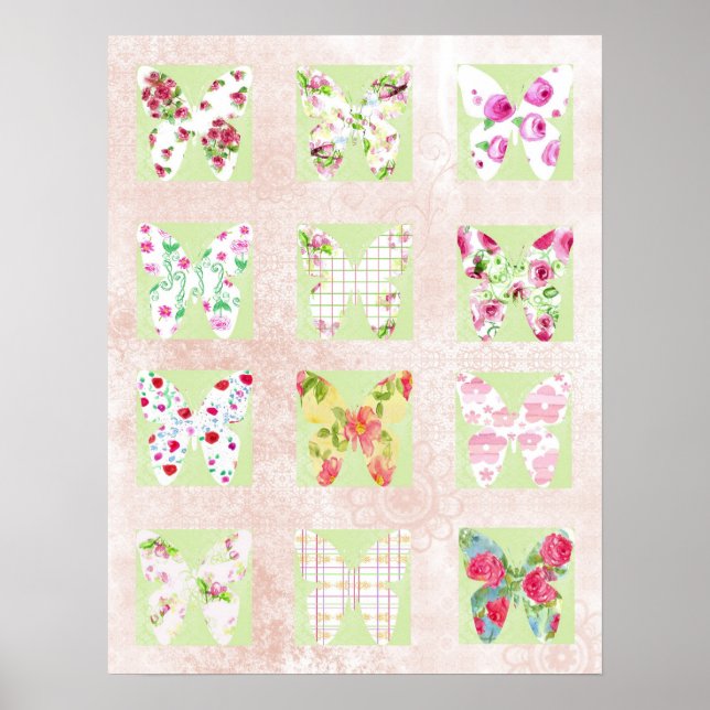 Poster Papillons Aquarelle Fleurs Collage (Devant)