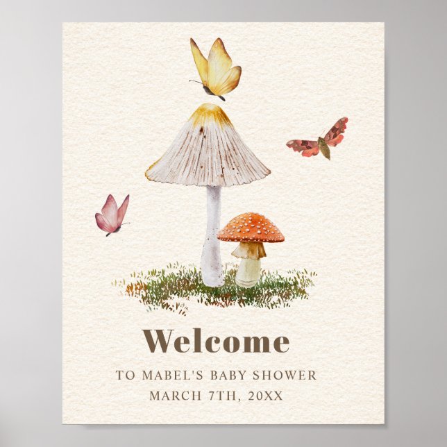 Poster Papillons aux champignons Baby shower naturel des  (Devant)