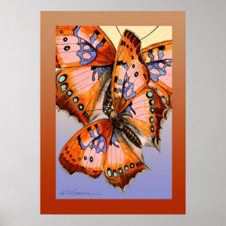 Poster Papillons bleu rouge peinture abstraite