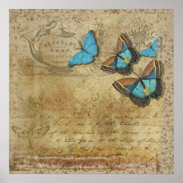 Poster Papillons bleu vapeur vintages sur Parchemin (Devant)