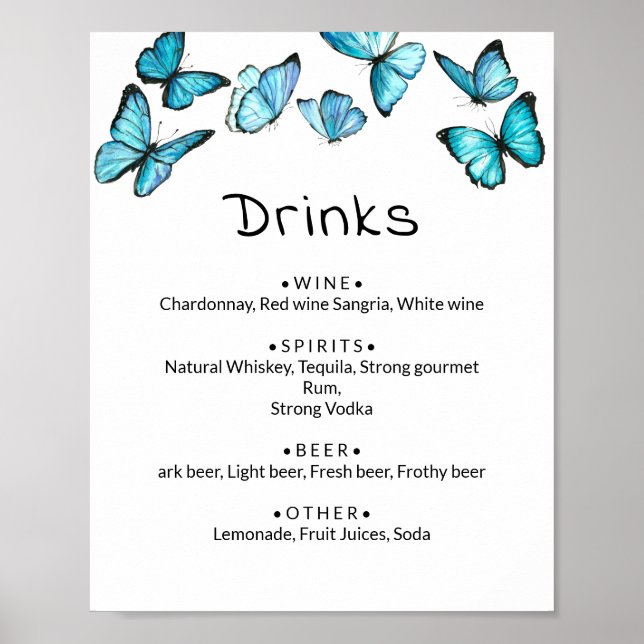 Poster Papillons bleus. Menu des boissons de mariage fant (Devant)