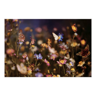 Poster Papillons Crépusculaires Prairie de Fleurs Sauvage