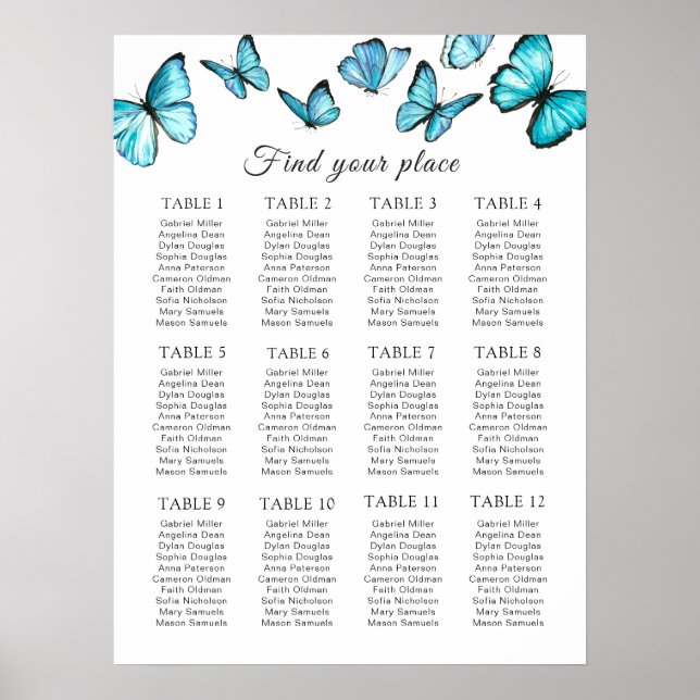 Poster Papillons d'aquarelle bleu Mariage Carte de siège (Devant)